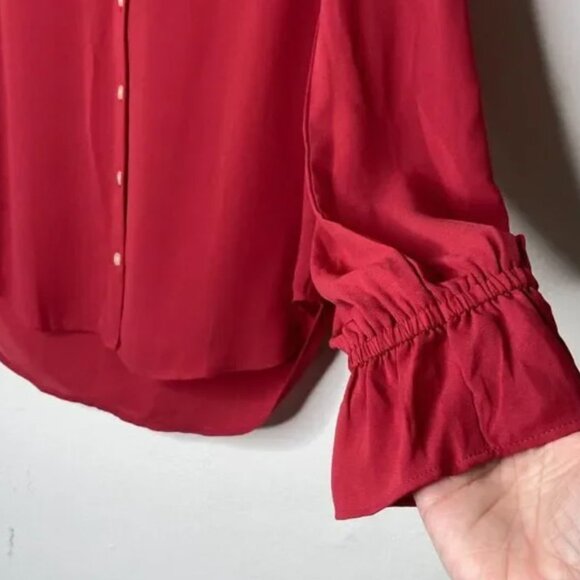 Loft Deep Red Front Button VNeck Long Ruffle Cuff Sleeve Curved Bottom Hem XXS - Picture 3 of 3